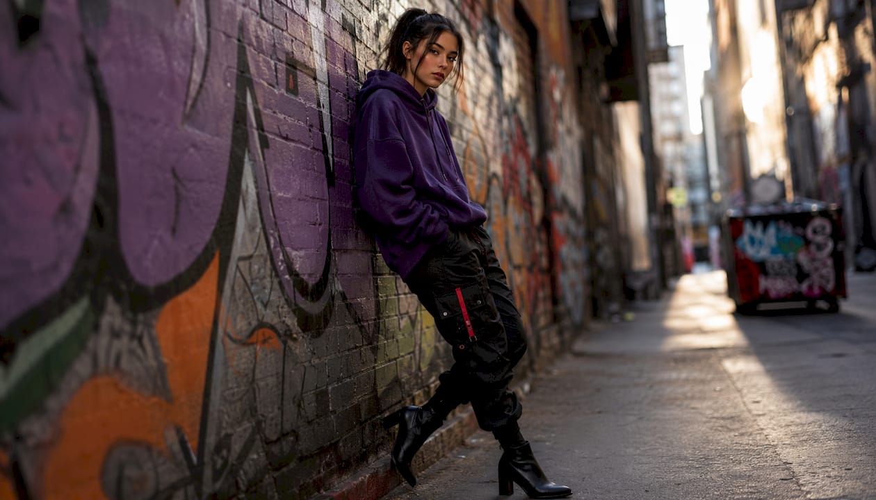 Young woman in streetwear with purple hoodie in city