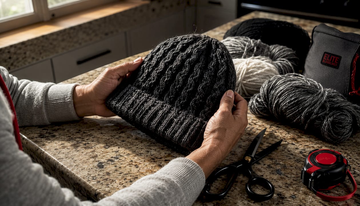 Close-up of hands holding jacquard knit barbed wire beanie