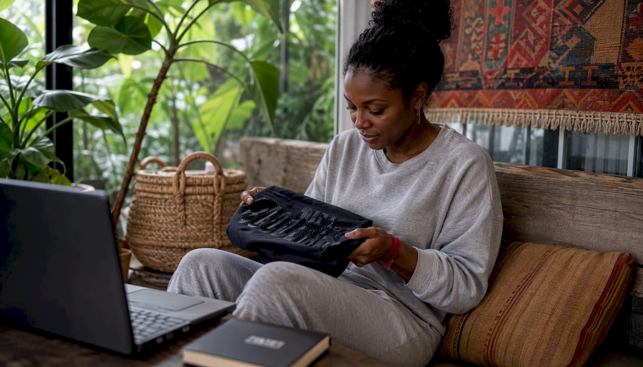Woman checking Ronin t-shirt print quality