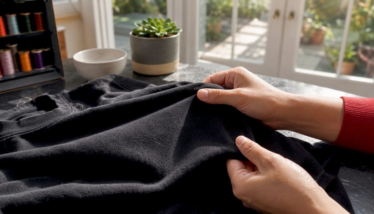Hands inspecting heavyweight Ronin t-shirt fabric