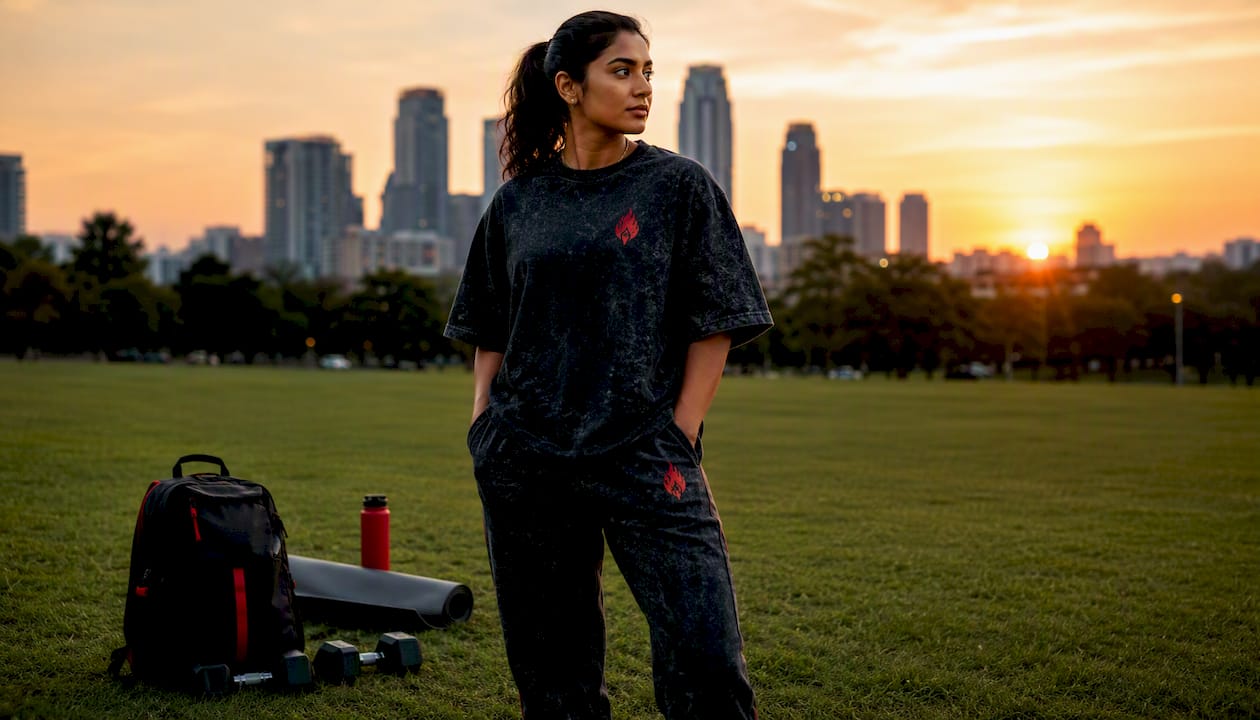 Woman wearing Elitebloodlines heavyweight gymwear outdoors