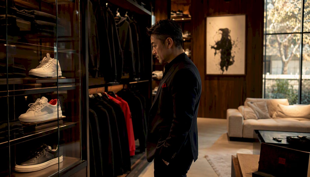 Man browsing luxury streetwear in boutique