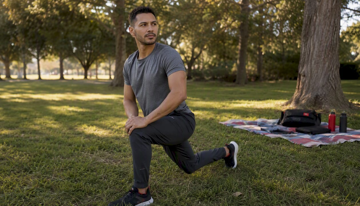 Man stretching in performance joggers fitness studio