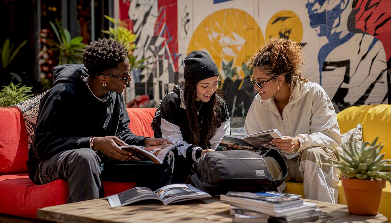 Group discussing streetwear brand options in café