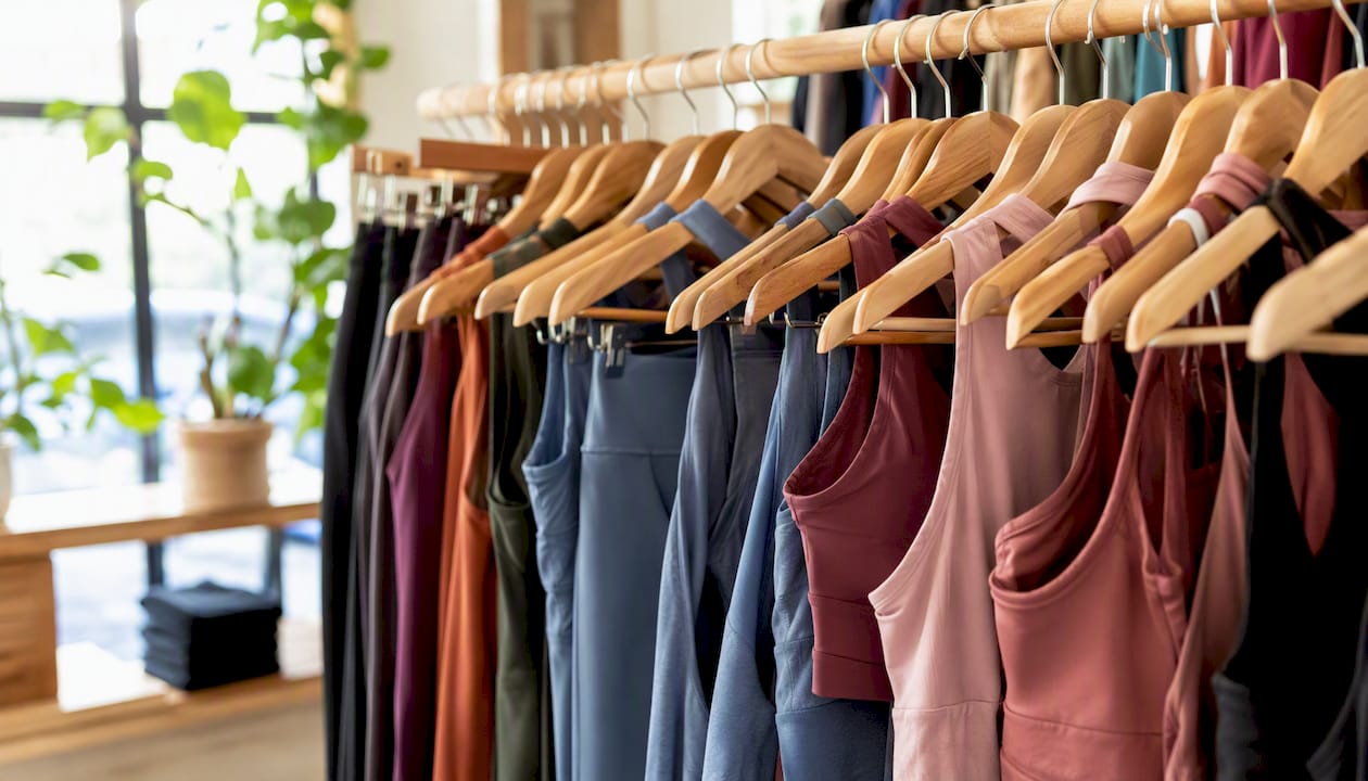 Activewear hanging rack showing inclusive sizing