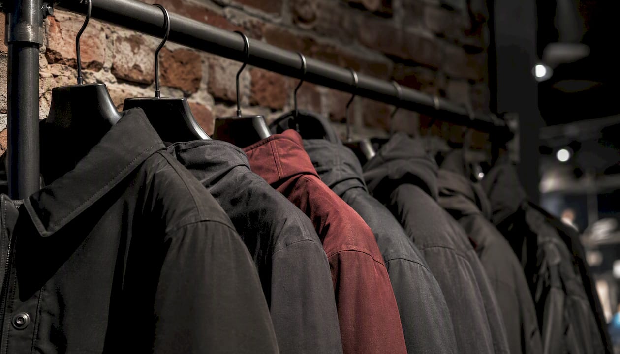 Streetwear jackets hanging on rack close-up