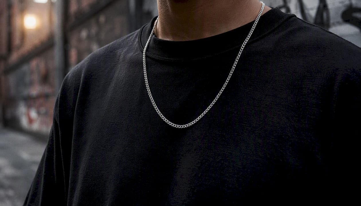 Silver chain over black graphic tee