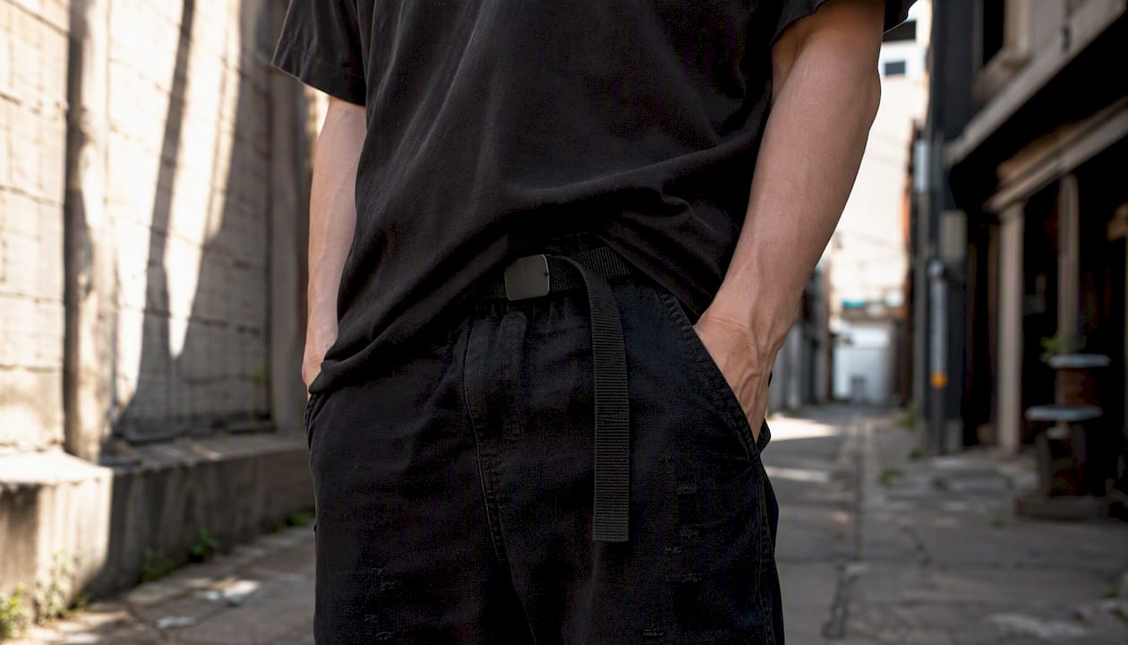 Close-up of all-black outfit waist layering