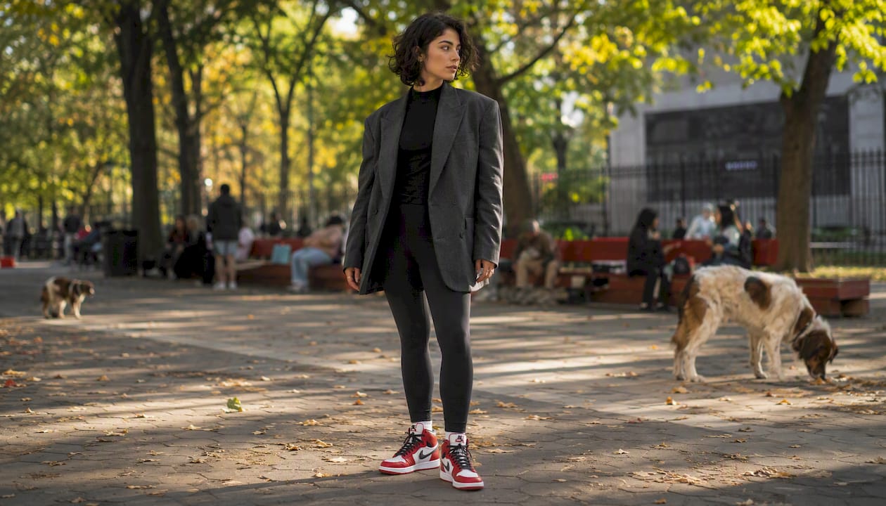 Styled leggings with blazer and white sneakers