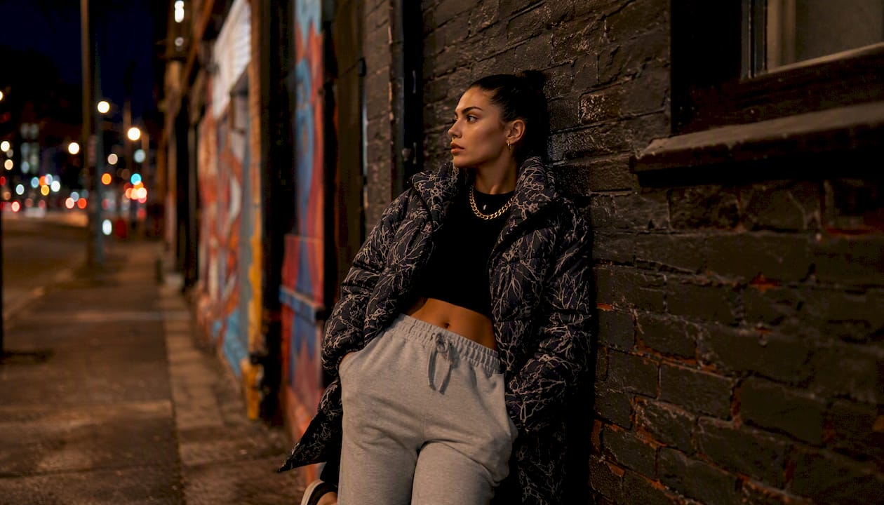 Sweatpants with cropped puffer and gold jewelry
