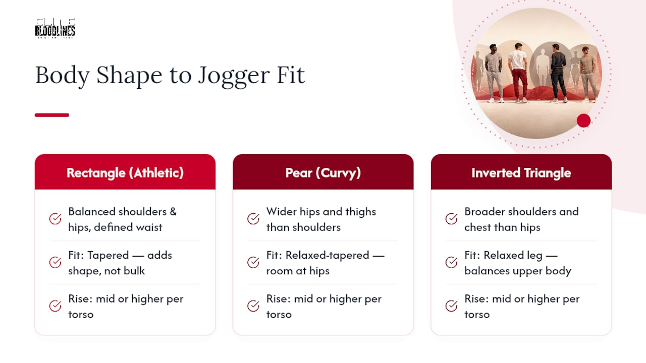 Body shapes matched with jogger fit types infographic