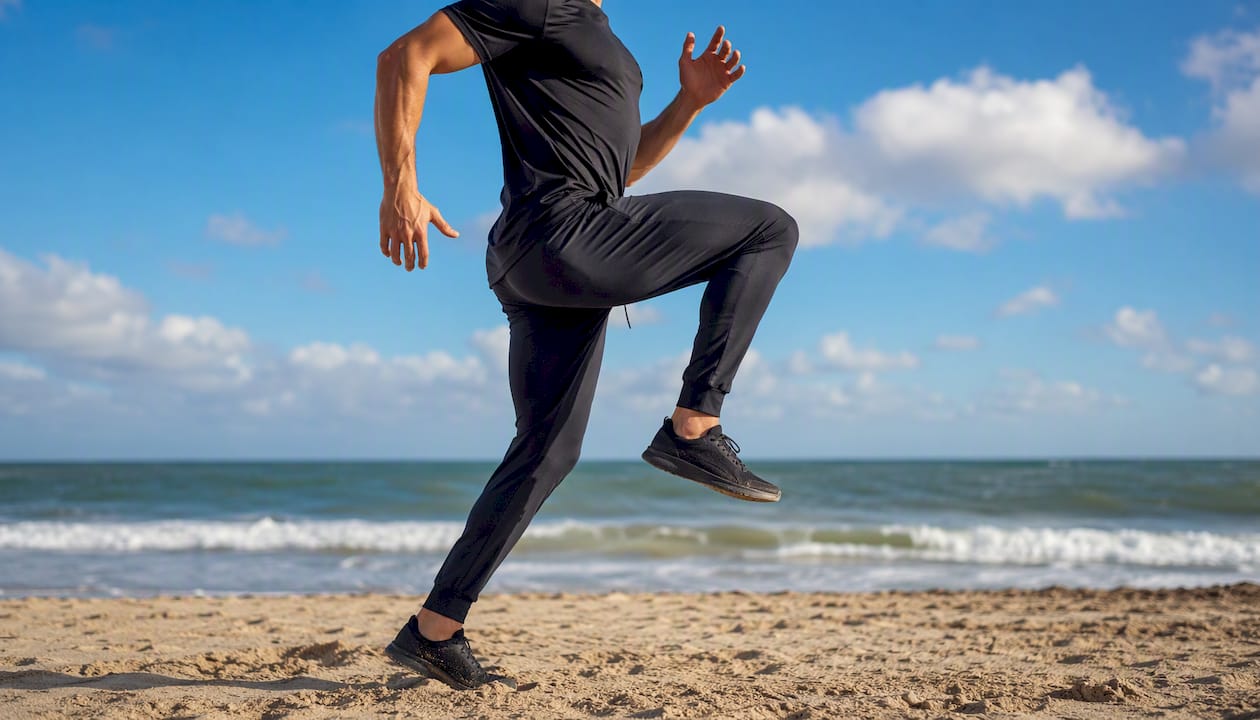 Athlete sprinting in slim joggers gym