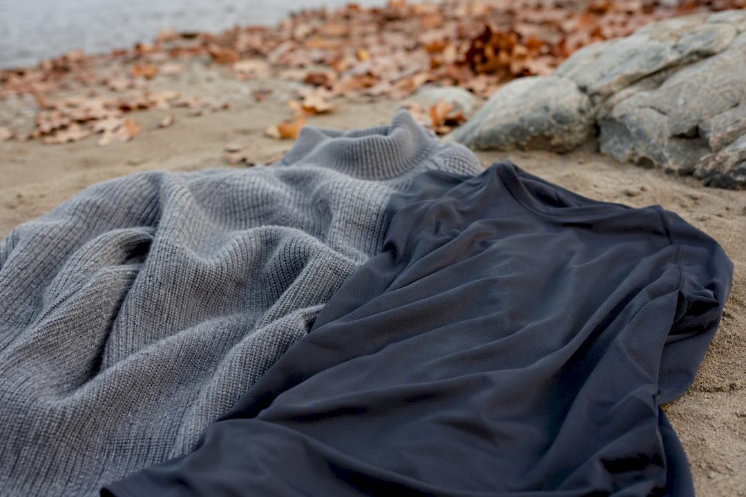 Merino wool and synthetic base layer fabrics close-up