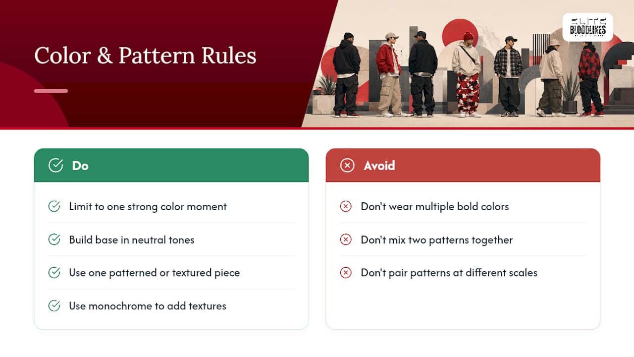 Diagram of streetwear color coordination and pattern mixing rules