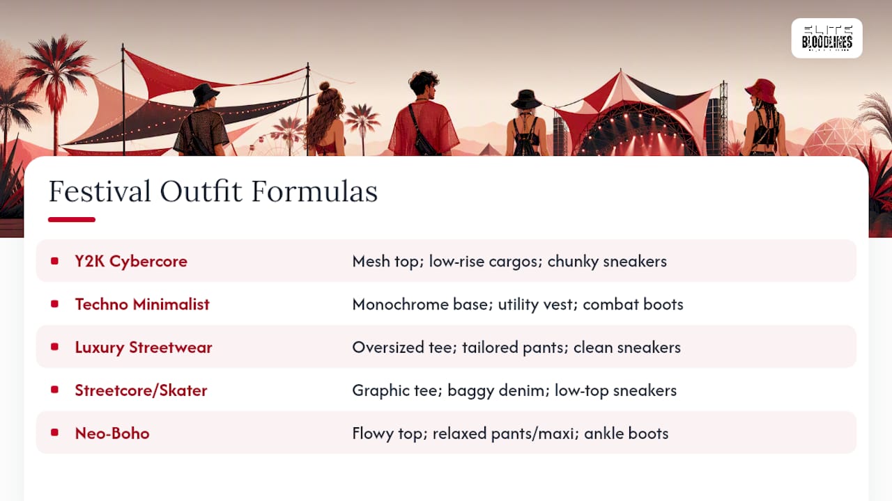 Comparison chart of five festival streetwear outfit formulas
