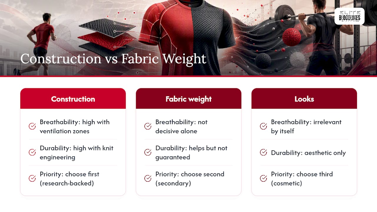Diagram comparing fabric weight, ventilation, and durability