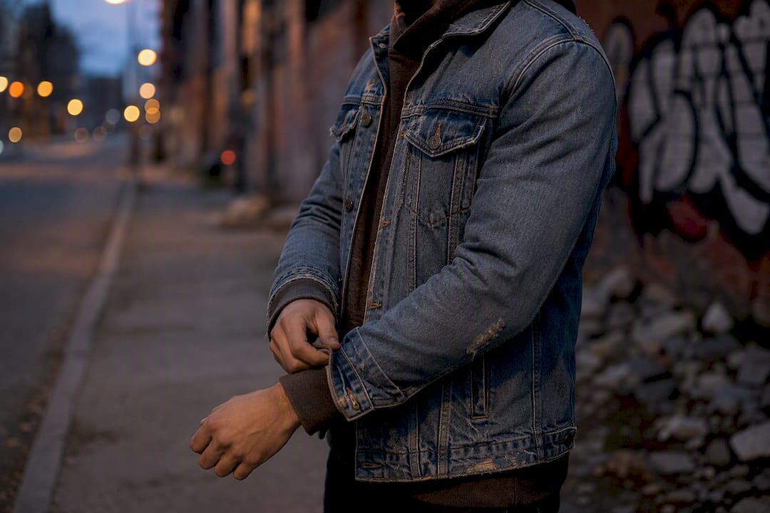 Adjusting hoodie and denim jacket layers on street
