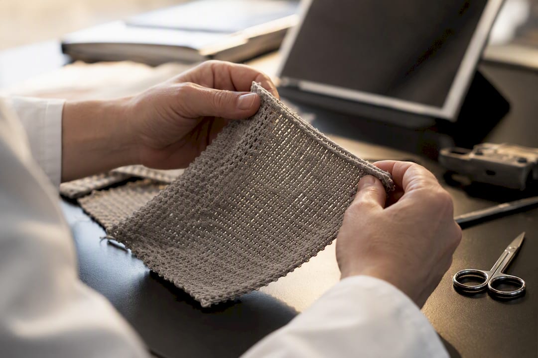 Close-up of engineered yarn fibers with micro-channels