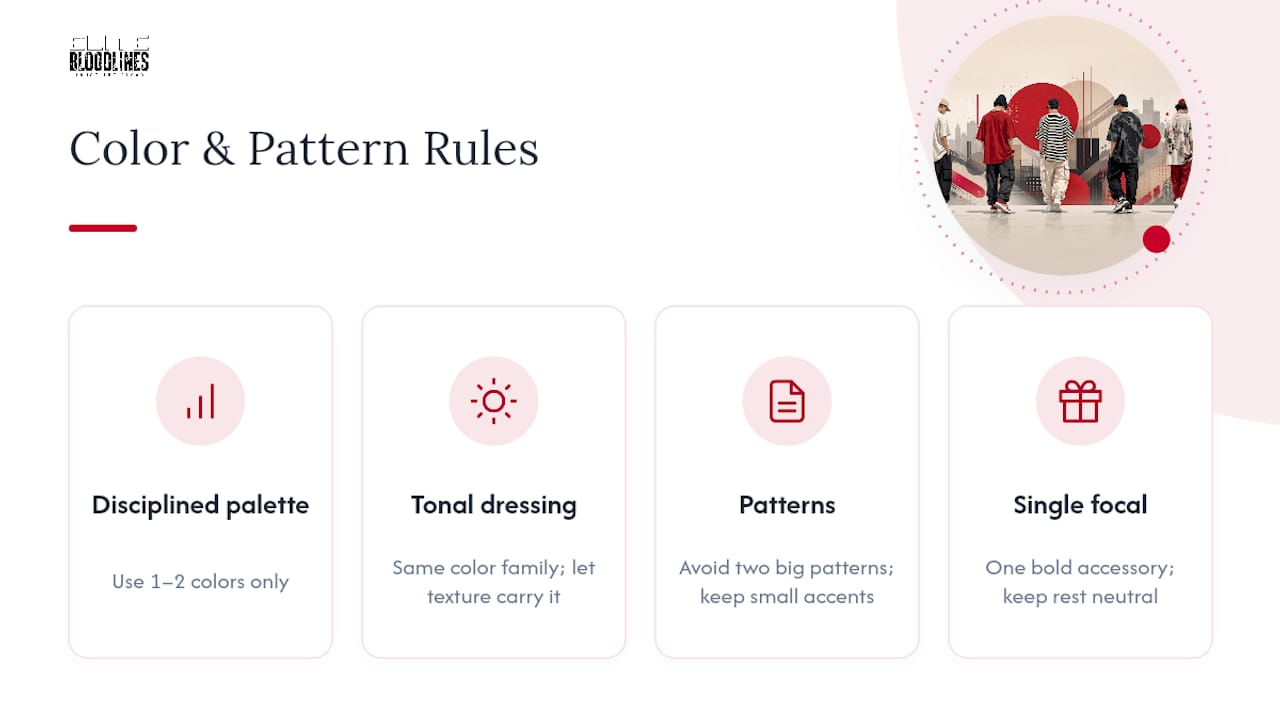 Diagram of color and pattern rules for oversized streetwear fits