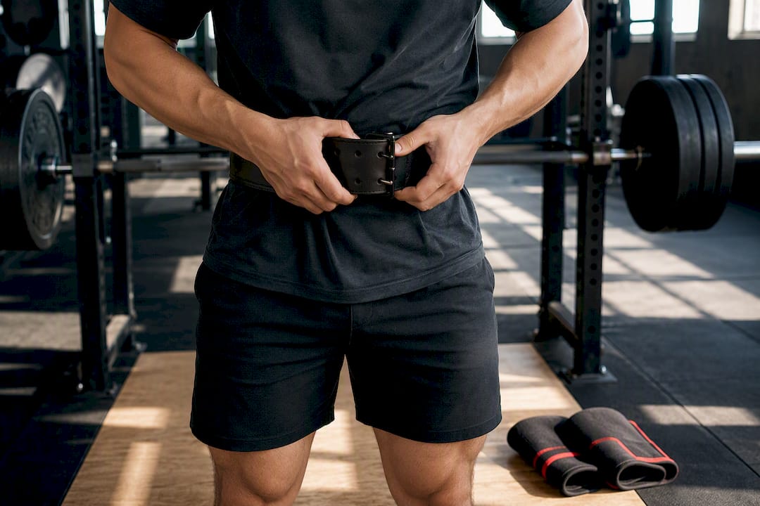 Athlete tightening belt before heavy squat