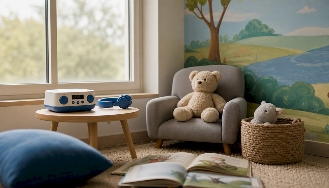 Cozy reading nook with audio player and toys