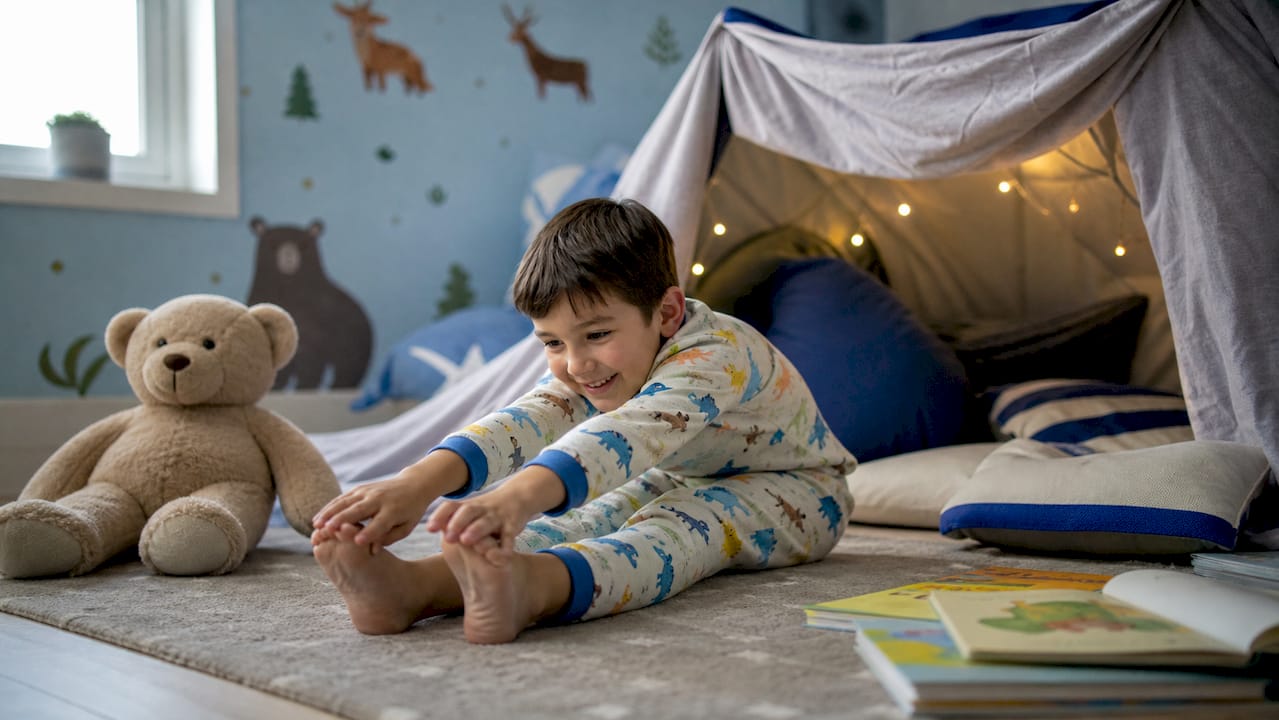 Boy practicing bedtime yoga in cozy bedroom