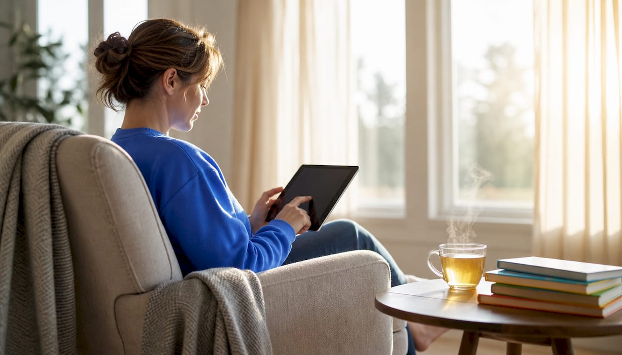 Parent managing podcast playlist on smartphone
