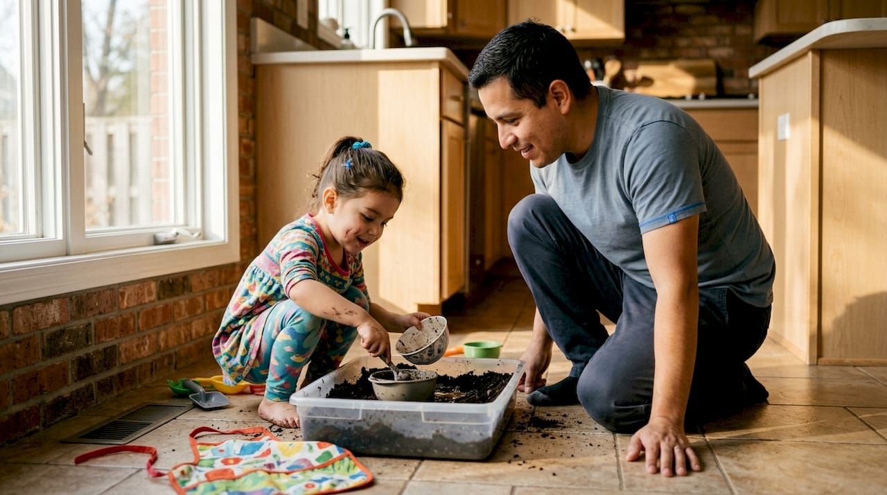 Father watching daughter play mud kitchen indoors