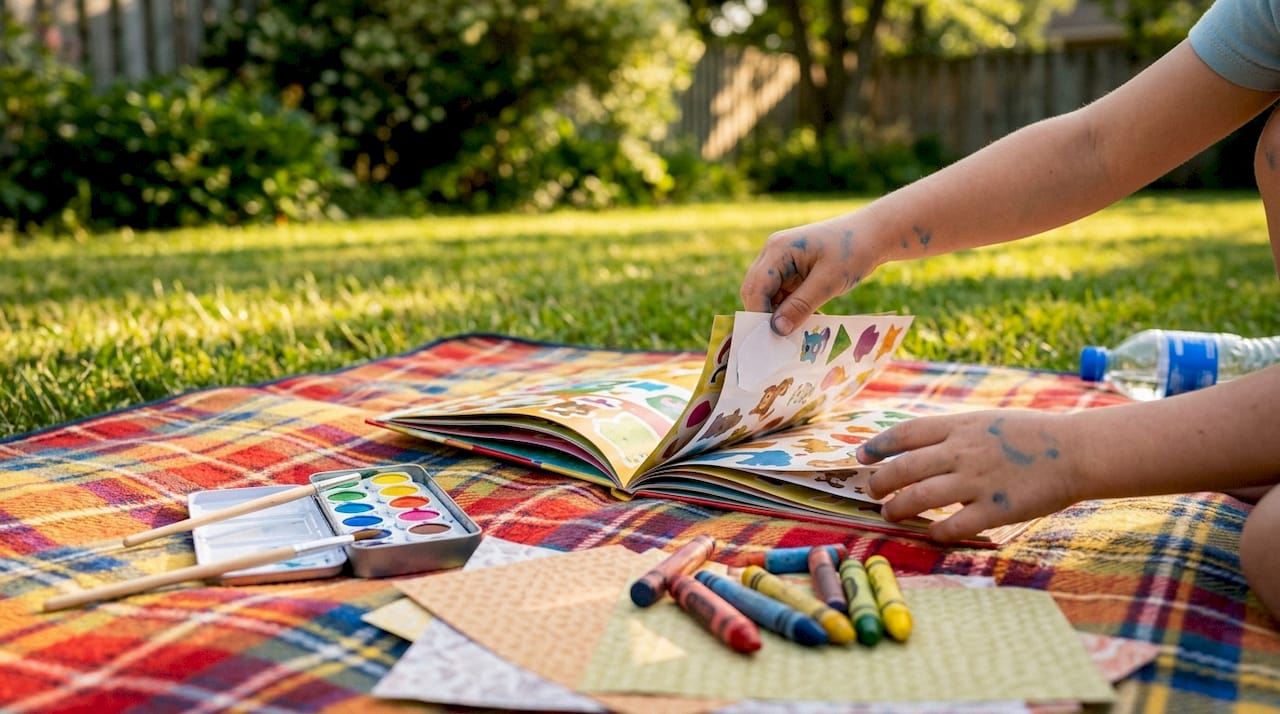 Child's hands exploring colorful sticker book and art supplies