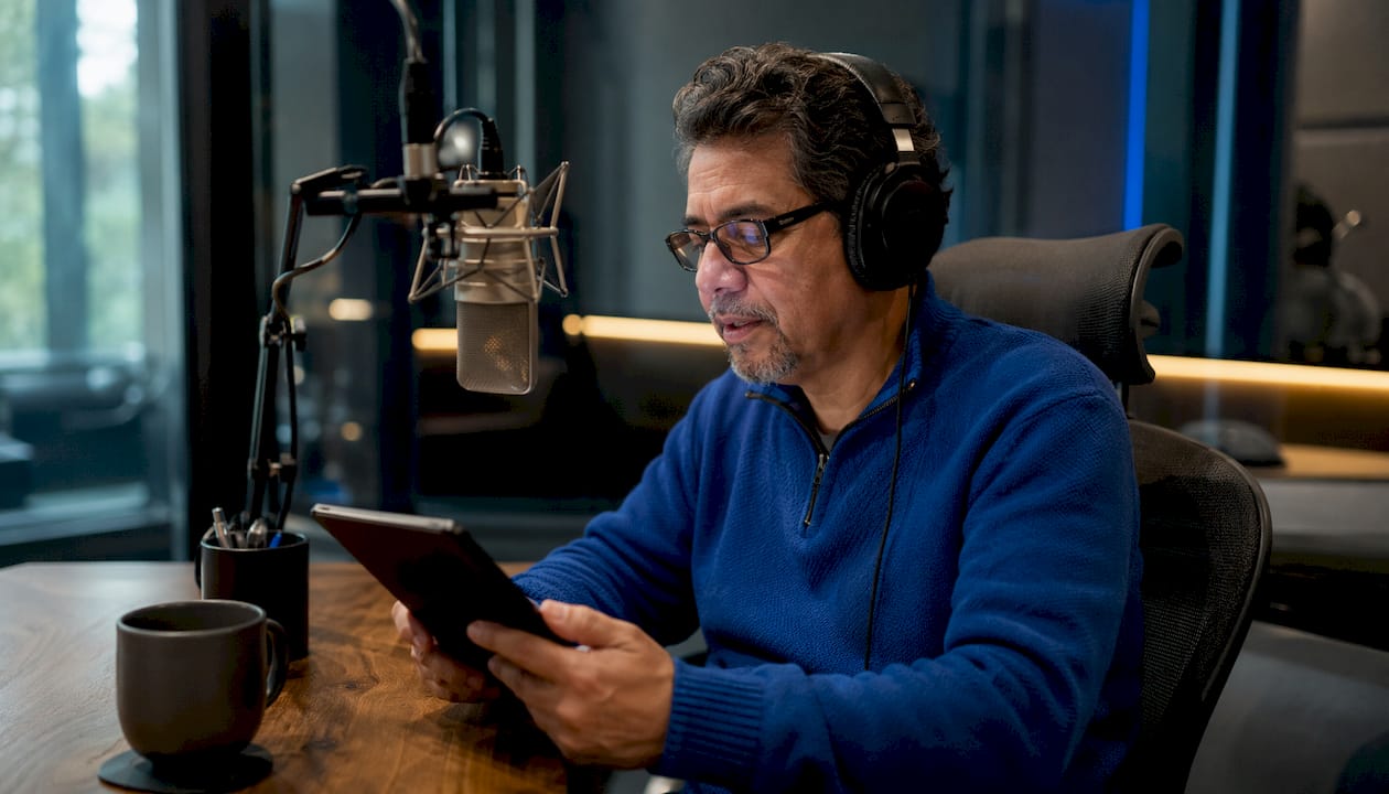 Narrator recording an audiobook in studio