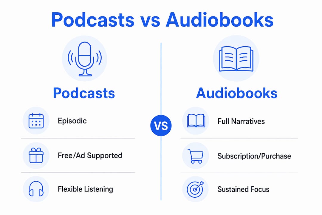 Infographic comparing podcasts and audiobooks key points