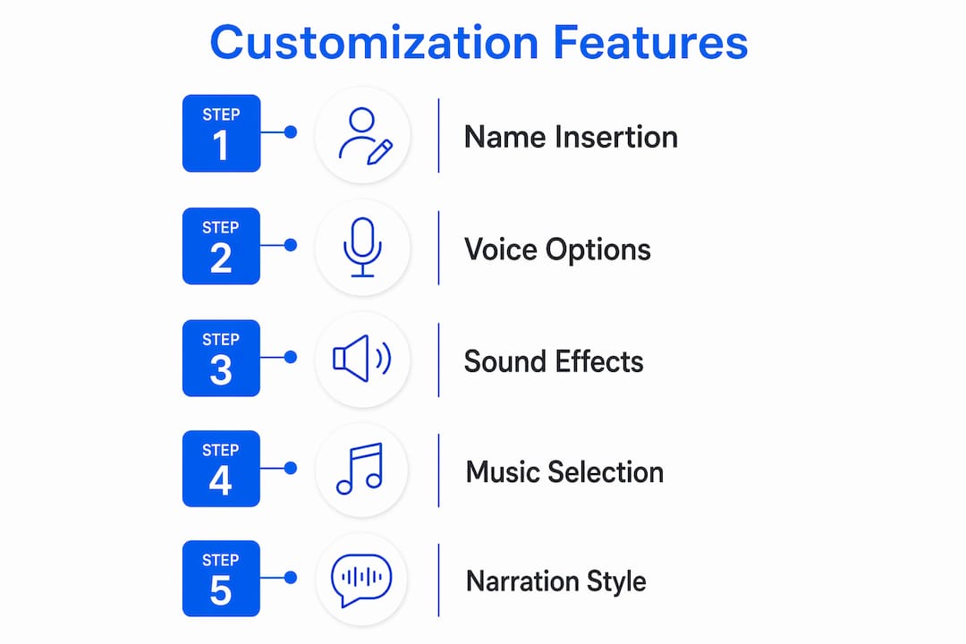 Infographic illustrating steps of customization features in audio stories for kids