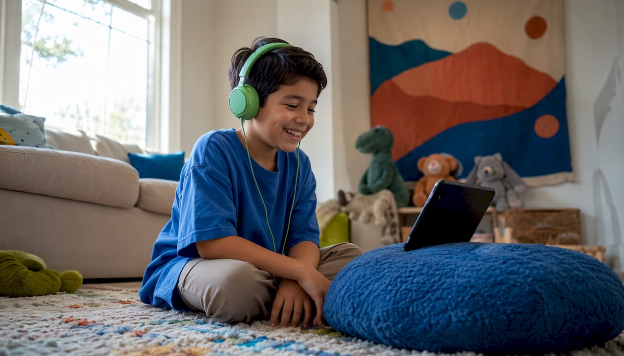 Child smiling while listening to superhero audio story