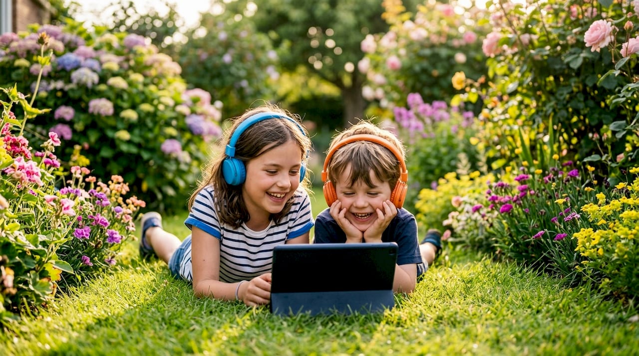 Two siblings listening to superhero podcast on tablet
