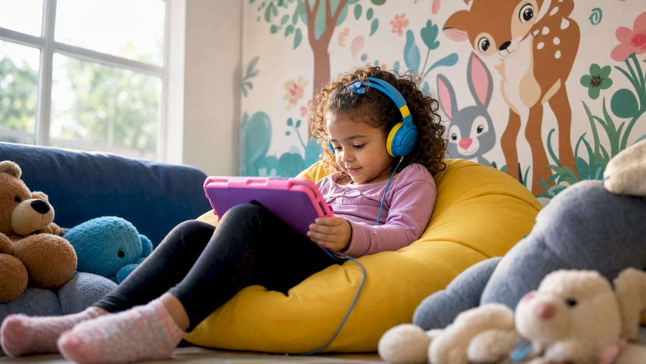 Preschool child listening to podcast at home
