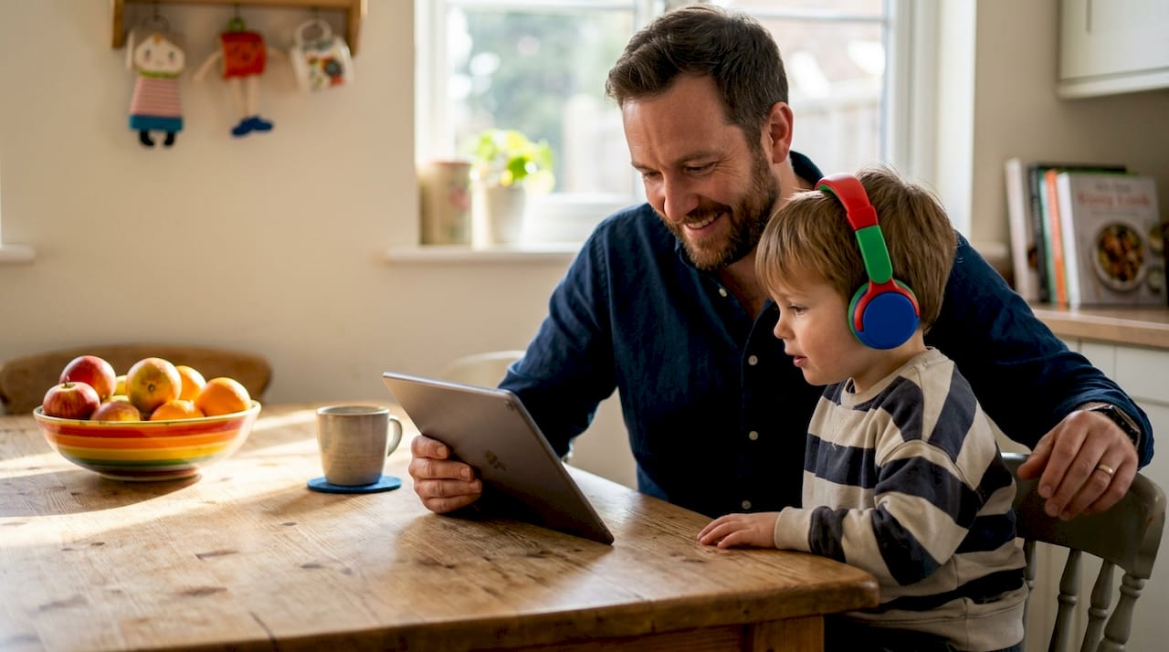 Parent and child sharing personalized podcast listening moment