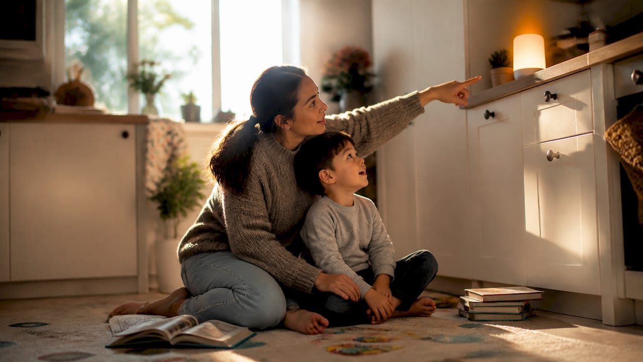 Parent guiding child to listen to podcast