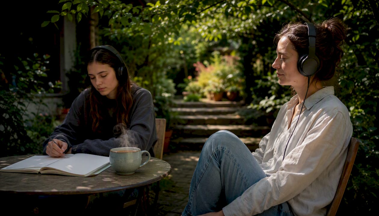 Teen and adult listening with headphones creatively