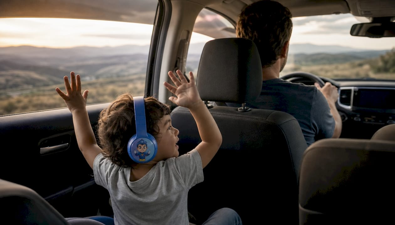 Parent driving with child listening to podcast in car