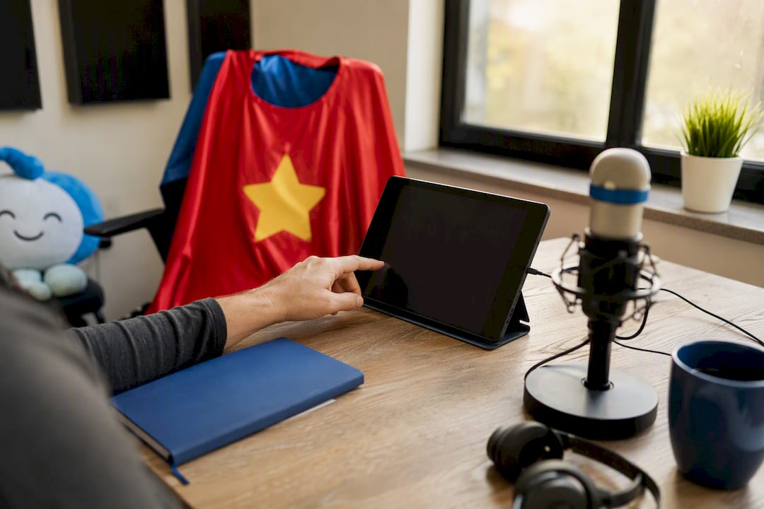 Hand near tablet with podcasting accessories