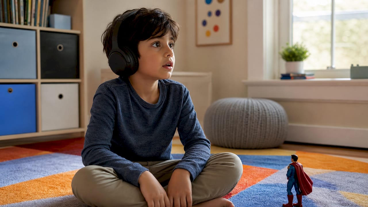 Child attentively listening to podcast in quiet room