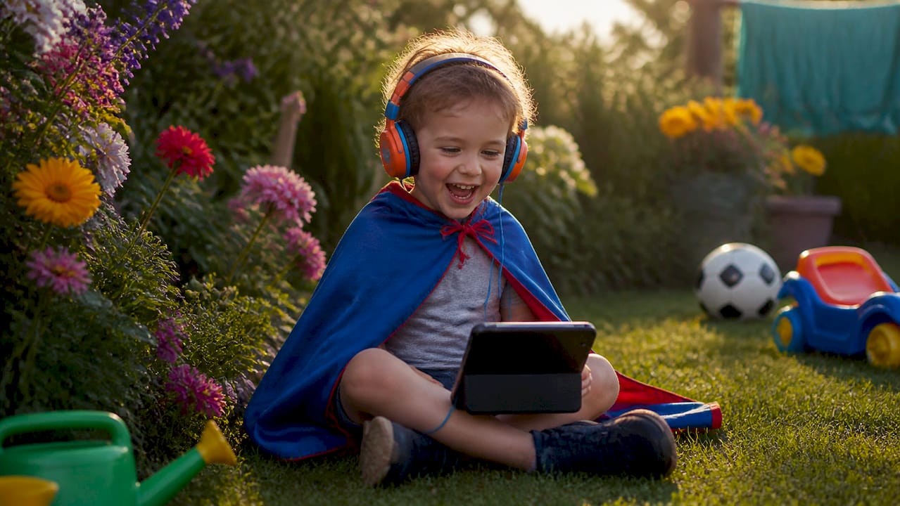 Child listening to superhero podcast with cape