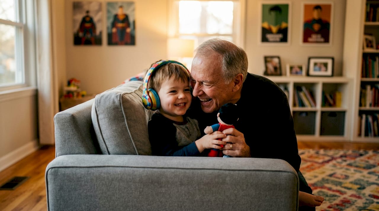 Parent and child sharing audio story moment