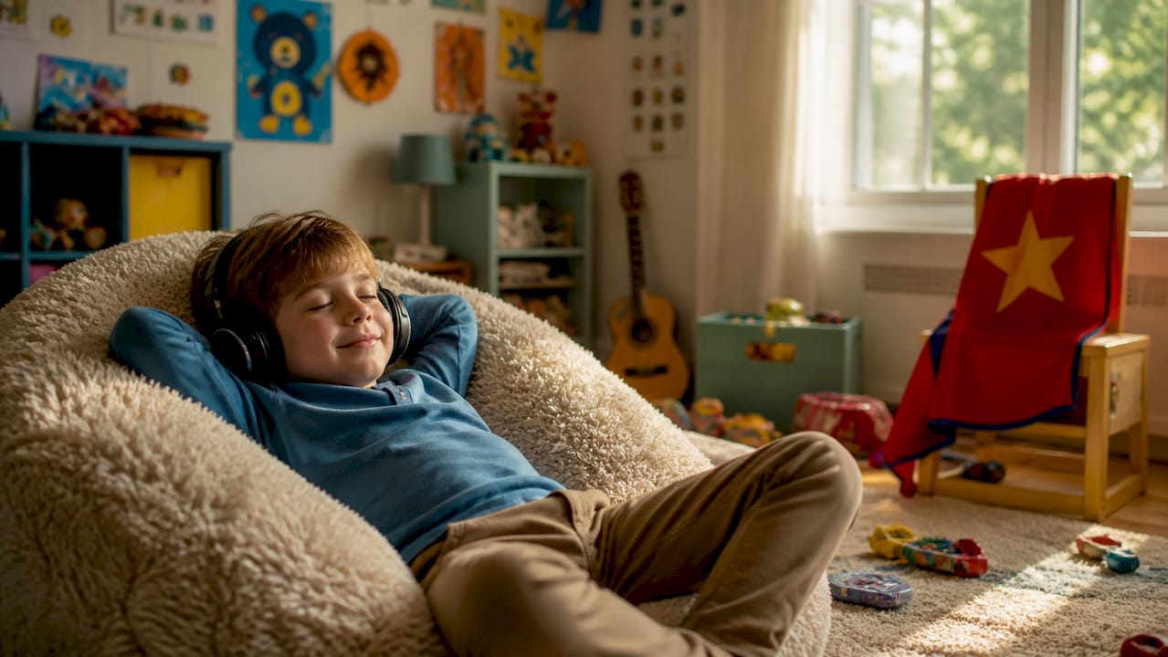 Child listening attentively to audio story