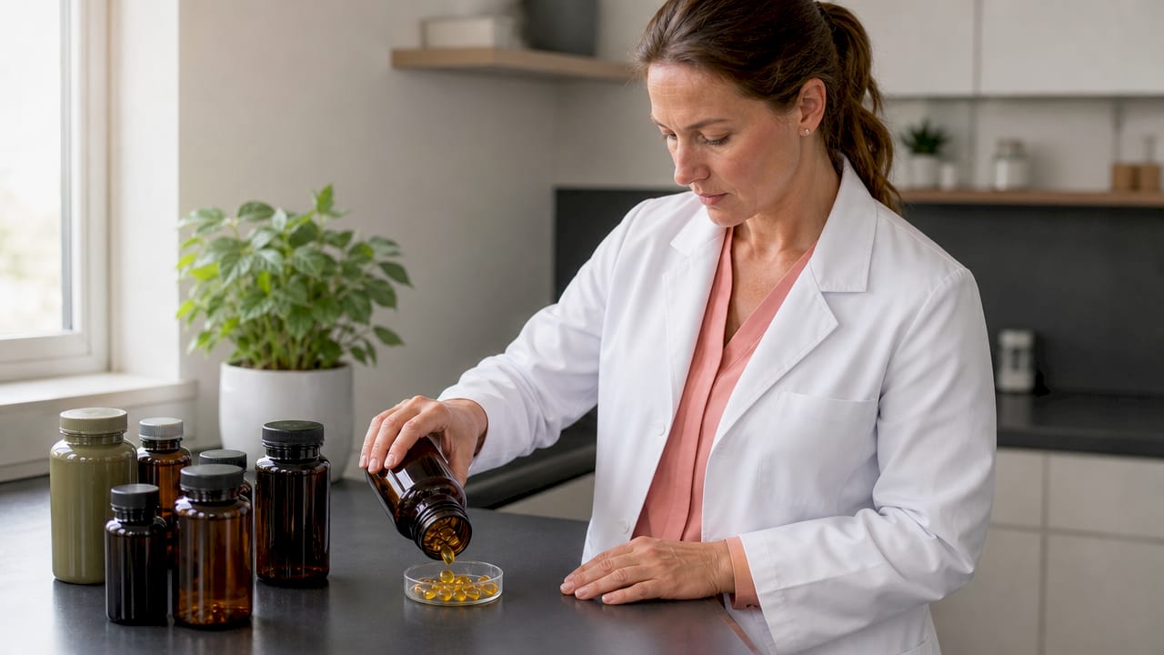 Veterinarian showing natural supplements for dog pain