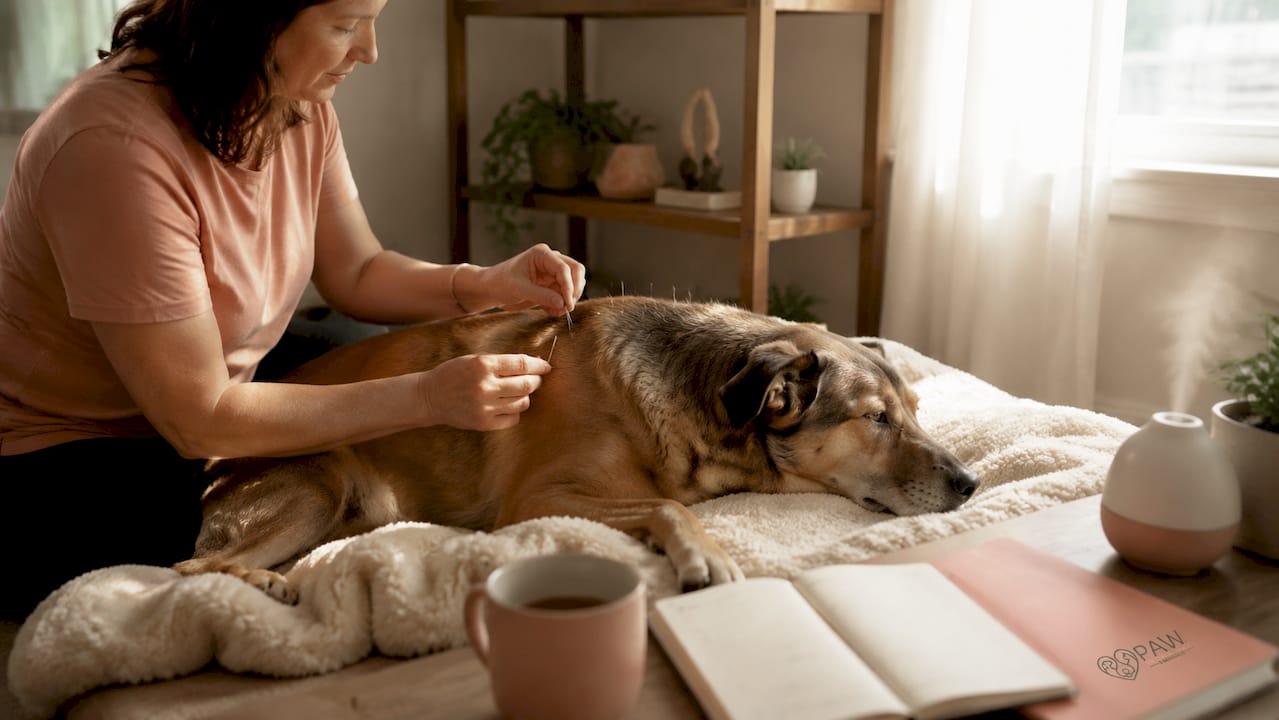 Hands placing acupuncture needles on dog's neck in home setting