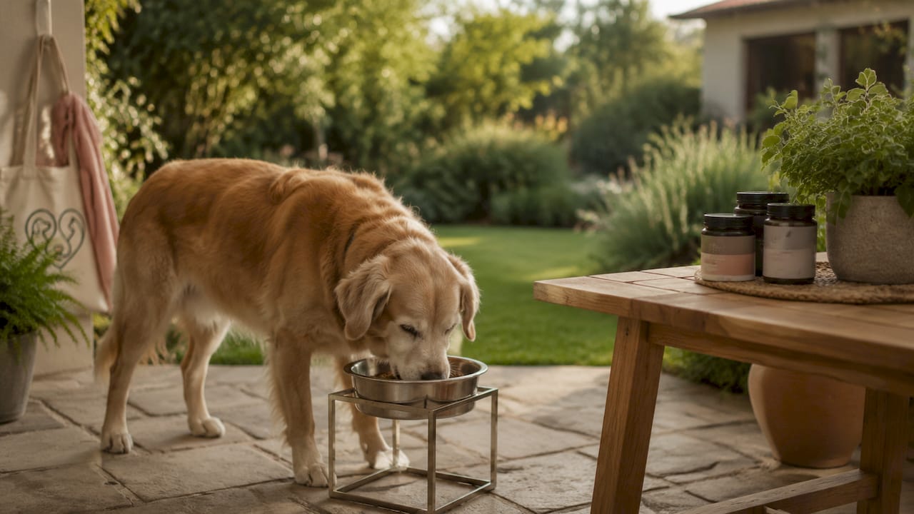 Senior dog eating with supplements nearby in kitchen
