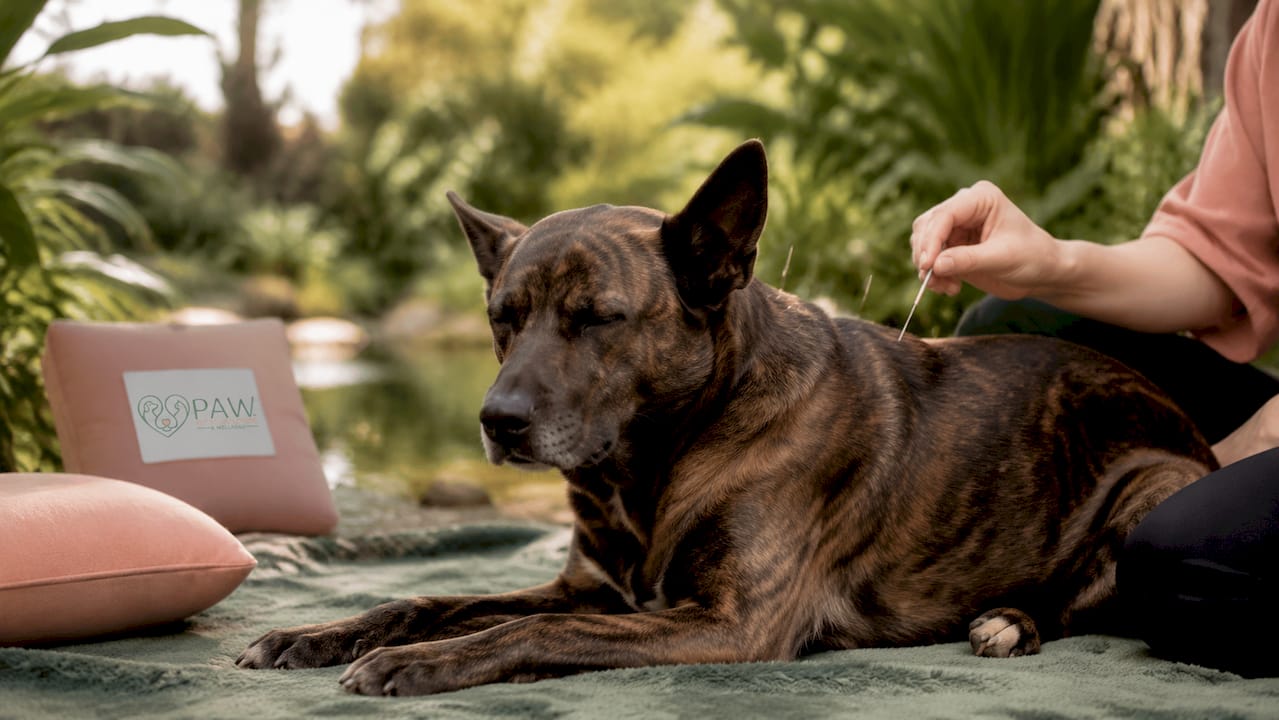 Calm dog receiving acupuncture needle placement at home