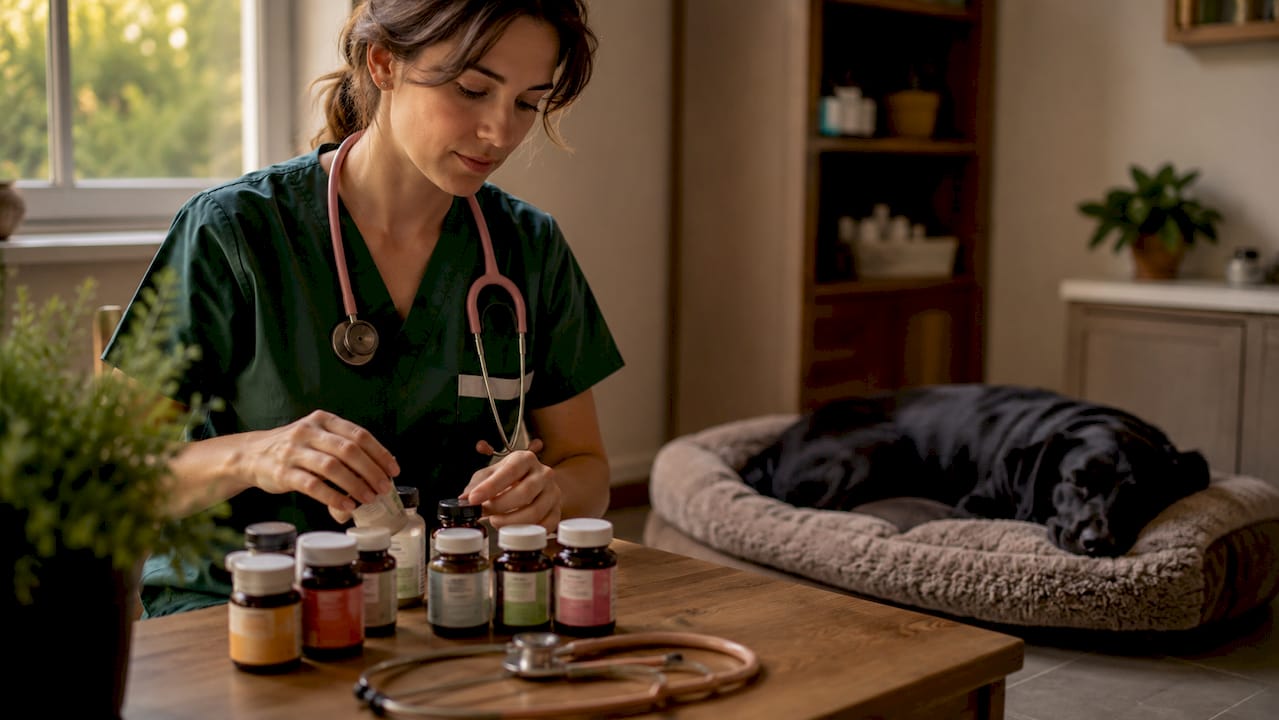 Veterinarian arranging herbal supplements for dog