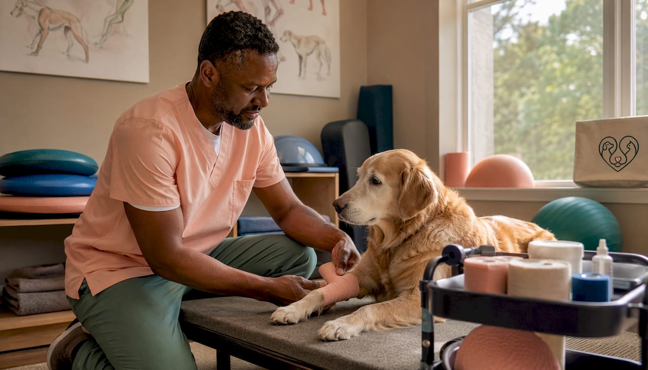 Vet therapist bandaging senior dog’s leg in rehab center
